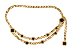 NWT Vintage ST. JOHN Gold Black Chain Belt Logo Signed Adjustable 24KGP Necklace - Picture 1 of 10