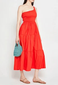 O.P.T. Abito Midi Milada Smocked Monospalla con Tasche Rosso Papavero Taglia M - Foto 1 di 12