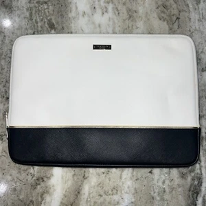 Kate Spade Designer Laptop Case Sleeve Cream Black Zippered Leather Padded - Picture 1 of 17