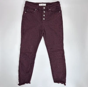 Kancan Womens 5/26 Burgundy Leopard Skinny Jeans With Frayed Asymmetrical Hem - Picture 1 of 9