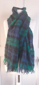 Vintage Prova Fuzzy Mohair Wool Green Blue Tartan Stole Scarf Scotland Plaid - Picture 1 of 5
