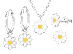 925 ECHT SILBER 🌼 Kinder Ohrringe Anhänger Kette Set Kamille Gänseblümchen 7mmØ - Picture 1 of 6