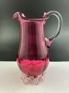 Antik Cranberry Glas optische Blütenblätterfüße 6" Krug mit poliertem Steg - Bild 1 von 11