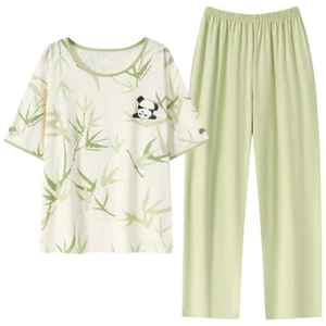 Cotton Women Pajama Set 2 Pcs Short Sleeve Pullover Top Sleepwear Long PJ Pants - Picture 1 of 8