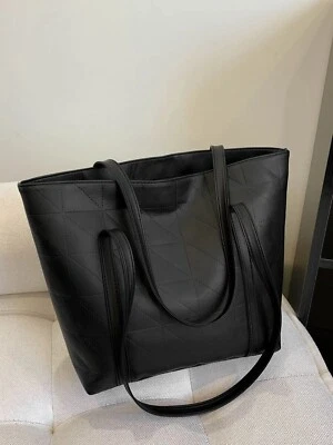 Women's Large Black PU Leather Minimalist Classic Shoulder Tote Bag Handbag Work - Image 1 of 4