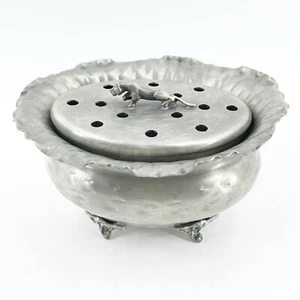 Vintage 95% Peltro Pewter Sugar Bowl Flower Frog Tiger Lid Italy Signed MAPE - Picture 1 of 10