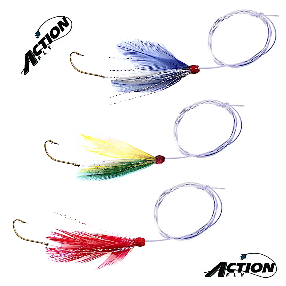 ACTION FLY PIUMA SCORREVOLE CON FILO ED AMO PESCA TRAINA E MOSCA - TRE PEZZI - Immagine 1 di 1