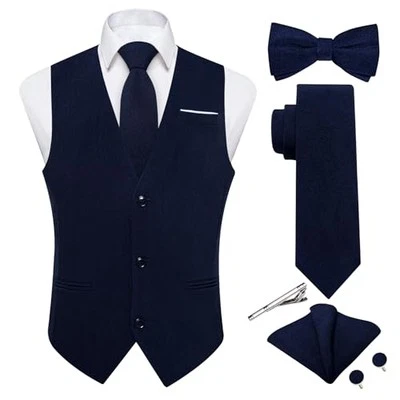  Mens Linen Suit Vest Casual Waistcoat and Necktie & Pre 3X-Large Navy Blue - Image 1 of 4