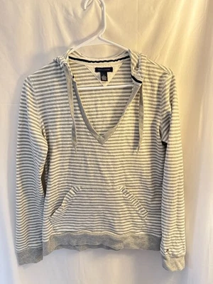 Tommy Hilfiger Sudadera con Capucha Gris Blanco Rayas Cuello en V Talla M Suave Costera Foto 1 de 4