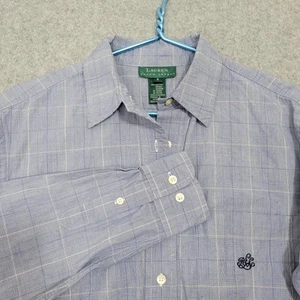 Lauren Ralph Lauren Shirt Women Size 8 Blue Check Logo Chest Button Down Preppy - Picture 1 of 17