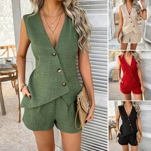 2025 Color Sólido Botón Arriba Cárdigan Chaleco Pantalones Cortos Conjunto para Ropa de Mujer - Imagen 1 de 28