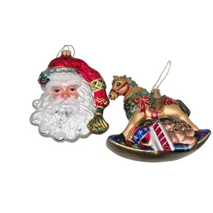 Fitz & Floyd Christmas Ornament Rocking Horse and Santa Face Lot 2 Blown Glass - Picture 1 of 4