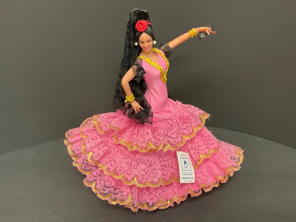 Vintage Spanish Marin Chiclana Doll Flamenco Dancer Pink Dress Fan 8” Tall - Image 1 of 4