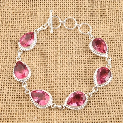 925 Silver Pink Tourmaline Stone Trendy Wedding Chain Daughter Birthday Bracelet - Image 1 of 4