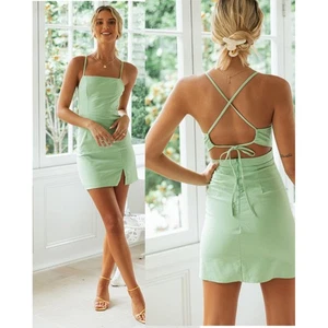 Rückenfreies Sommer Baumwollkleid halb formell Cut Out Spaghettiträger Seitenschlitz Mini - Bild 1 von 8