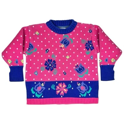 Vintage 90's Gymboree Knit Sweater Pink Polka Dots Purple Flowers Girls Sz Small - Image 1 of 4
