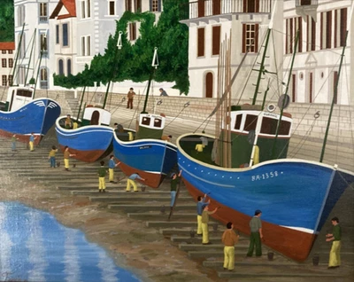 复古原创绘画渔船精美民间艺术上市牧场签名 1976 — 第 1/4 张图片