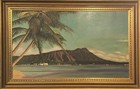 Antique Hawaiian Oil Painting Waikiki Oahu Diamondhead Hawaii Tiki Bar Hula