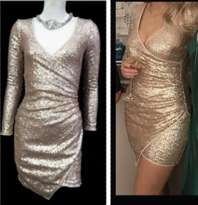 Lipsy Rose Gold Sequin Wrap Dress 16 long sleeve Evening Party Occasion Xmas - Picture 1 of 23