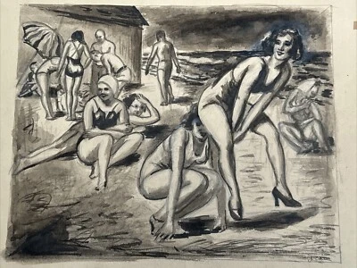 Jo Cain PAINTING Antique 1930 Beach Scene Women Coastal Regionalism Wpa Artist - Image 1 of 4
