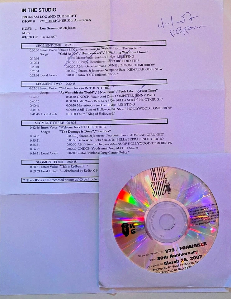 RADIO SHOW 3/26/07 IN THE STUDIO: FOREIGNER, HOSTS LOU GRAMM, MICK JONES,8 TUNES - Image 1 of 1