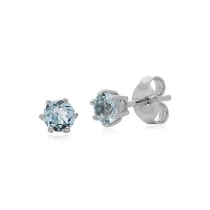 Clásico Redondo Topacio Azul 6 Engaste Pendientes de Presión En 925 Plata de Ley - Imagen 1 de 4
