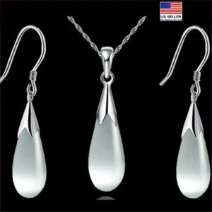 Women Value Jewelry Set Moonstone Opal Necklace Earrings Tassel Teardrop 1303 - Picture 1 of 11