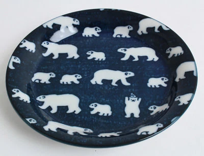 Mino ware Japanese Ceramics Round Plate/Dish White Bear Navy 6.5 inch