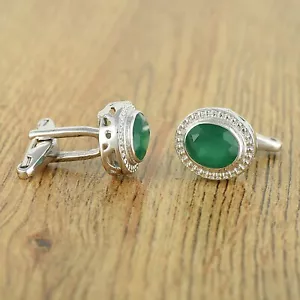 Puño de moda eslabones de ónix verde natural plata esterlina corte ovalado joyería para hombre - Imagen 1 de 3