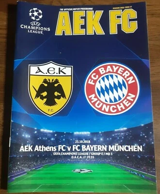 vv AEK BAYERN MUNICH 2018 UEFA CHAMPIONS LEAGUE OFFICIAL MATCH PROGRAMM  - Image 1 of 4