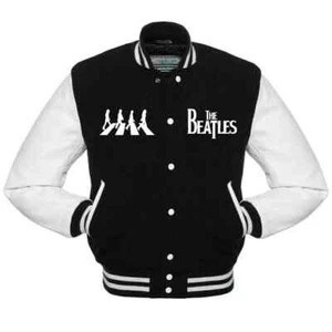 The Beatles Logo Varsity Jacket Wool with Genuine Leather Sleeves - Picture 1 of 3
