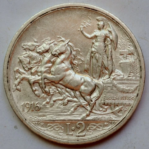 Italy 2 Lire, 1916, Quadriga, Vittorio Emanuele III, Silver coin Cover