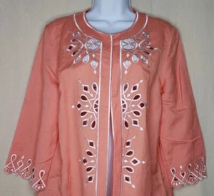 Chaqueta Abierta Bordada Bob Mackie Talla M Mezcla de Lino Recorte Melocotón Rosa Carrera QVC - Imagen 1 de 6