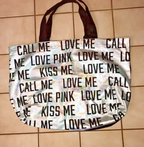 Victoria's Secret Love Pink Large Tote Bag Limited Edition Metallic Silver Black - Picture 1 of 10