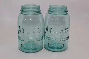 2 VINTAGE ATLAS STARKE SCHULTER 1 QUART BLAU GLAS EINMACHGLÄSER E - Bild 1 von 3