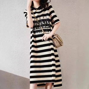 Women Dress Short Sleeve Striped Round Neck Casual Fit for Daily Vacation Use - Picture 1 of 13