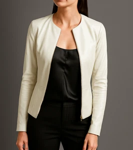 Womens Biker Slim Fit Stylish Leather Jacket White Color Genuine Leather Jacket - Picture 1 of 4