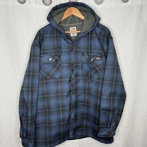 Dickies Jacket Mens XL Blue Black Plaid Flannel Hooded Snap Trap Workwear Street - Picture 1 of 6