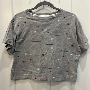 Camiseta Champion Mujer Talla Mediana Gris Manga Corta Recortada LOGO - Imagen 1 de 7