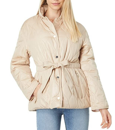 NUOVA giacca trapuntata corta con cintura Kate Spade NY con cappuccio pieghevole taglia S piccolo cachi