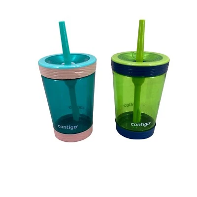 Contigo Lot of 2 Plastic Travel Tumbler Cups Green/Navy Teal/Pink Straws 16 oz - Image 1 of 4