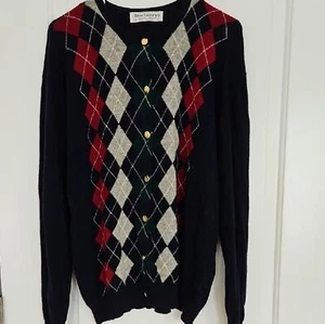 Burberry Navy Argyle Cardigan, Goldtone Buttons, 100% Wool, Mens 44", Vtg. - Picture 1 of 9