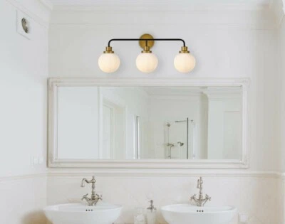 Wall Sconce Glass Shades Bathroom Vanity Black and Brass Color Light Fixture 27" - Image 1 of 4