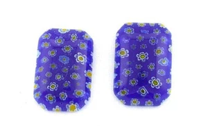 TWO 26MM x 18MM EMERALD BLUE WHITE YELLOW FLOWER MILLEFIORI GLASS CABOCHON MC6 - Picture 1 of 1
