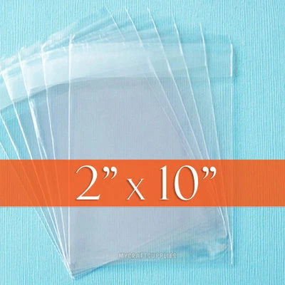 200 Clear Cello Bags, 2" x 10" Resealable 1.8 mil OPP Poly Cellophane, 2x10 inch
