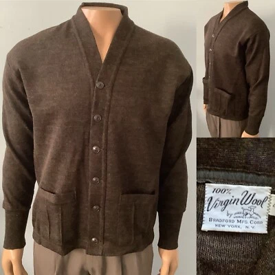 Cárdigan vintage de principios de los años 50 marrón 100 % lana virgen sin existencias talla M vendido como está Foto 1 de 4