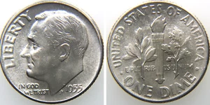 Moneda de diez centavos de plata Roosevelt 1955 - Die Crack, Die Clash & Abraded Die - Raro error de acuñación - Imagen 1 de 6