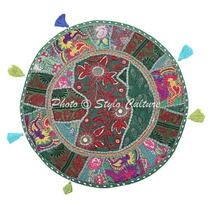 Ethnic Cotton Round Patchwork Floor Cushion Cover Kids Embroidered Vintage 22x22 - Picture 1 of 4