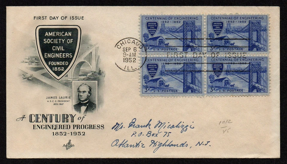 USA SCOTT # 1012, ARTCRAFT FDC COVER - AMERICAN SOCIETY OF CIVIL ENGINEERS 1952 - Image 1 of 1