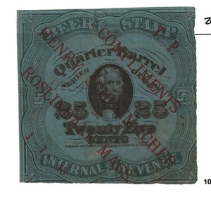 U S Stamps Revenues Beer Stamps Scott REA39 COMPLIMENTS overprint - Picture 1 of 1